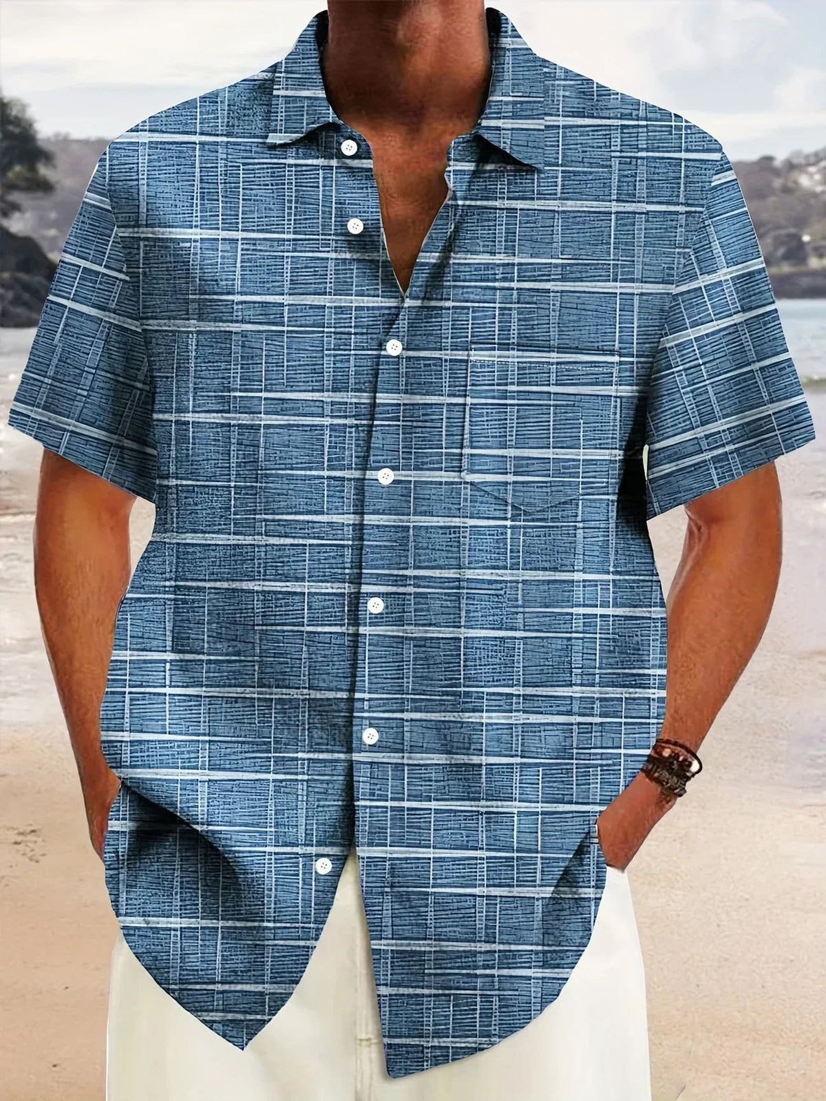 Men's short sleeve geometric grid pattern button shirt with open collar