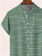 Men's short sleeve geometric grid pattern button shirt with open collar