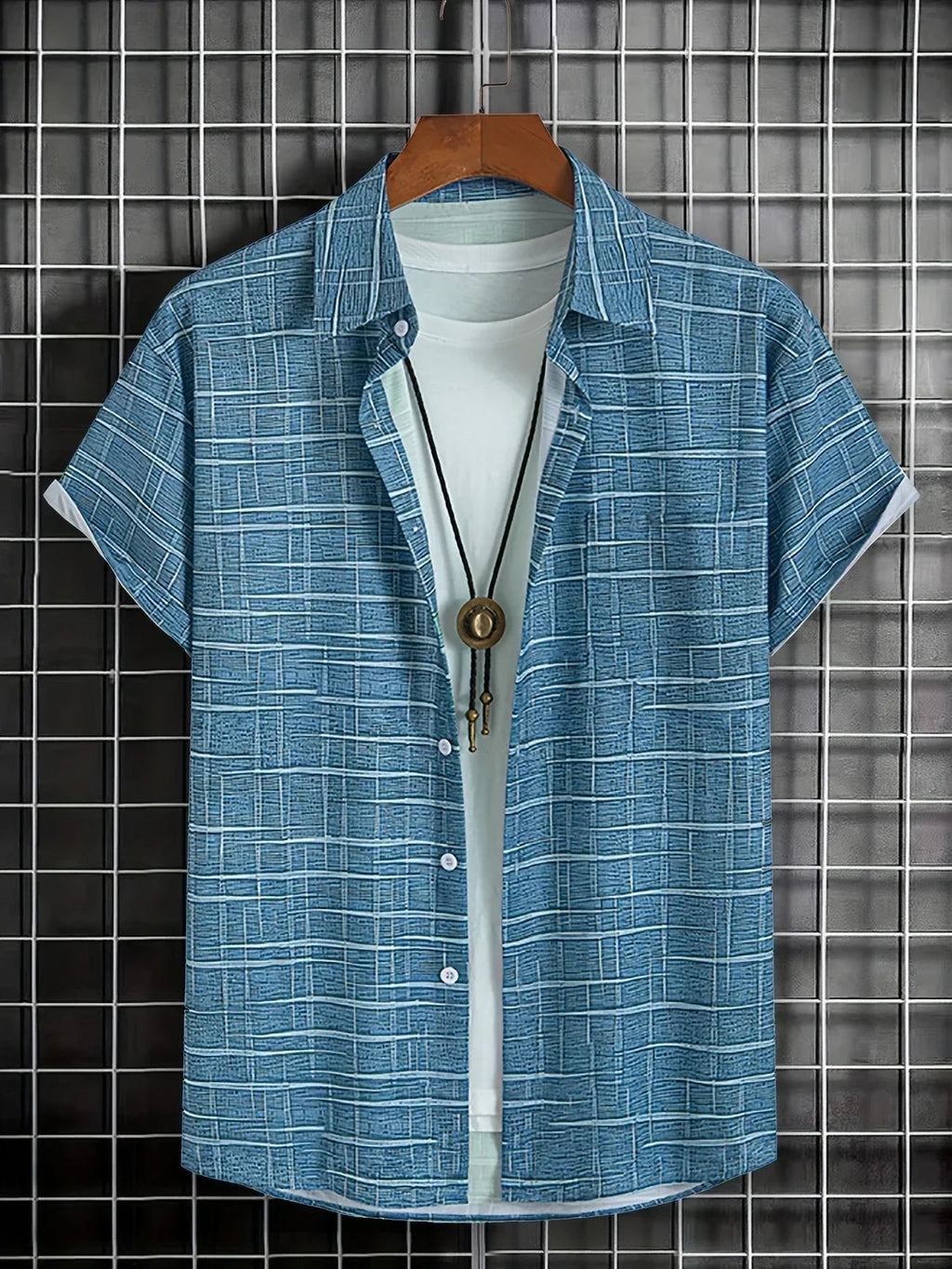 Men's short sleeve geometric grid pattern button shirt with open collar