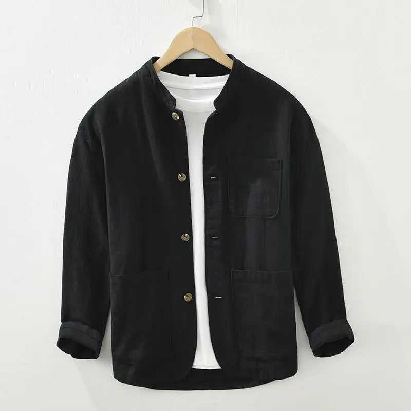 Men's long-sleeved stand collar button shirt with three front patch pockets