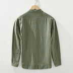 Men's long-sleeved stand collar button shirt with three front patch pockets