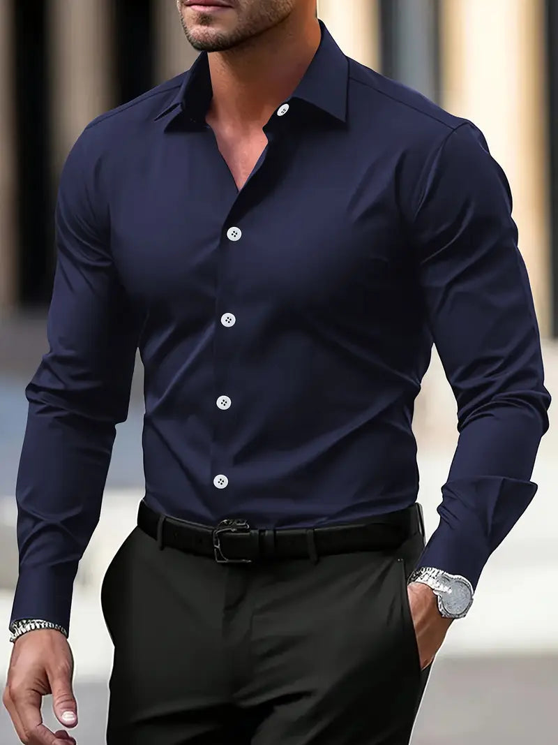 Men's tailored long sleeve shirt with spread collar and button front