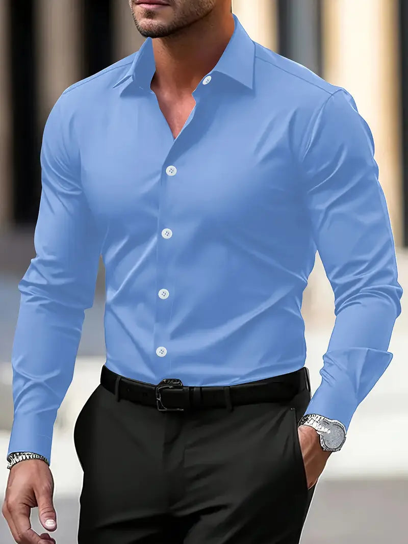Men's tailored long sleeve shirt with spread collar and button front