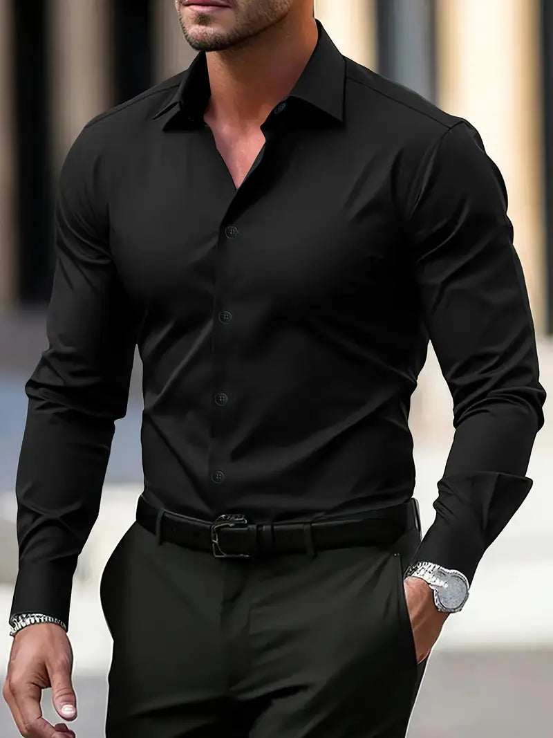 Men's tailored long sleeve shirt with spread collar and button front