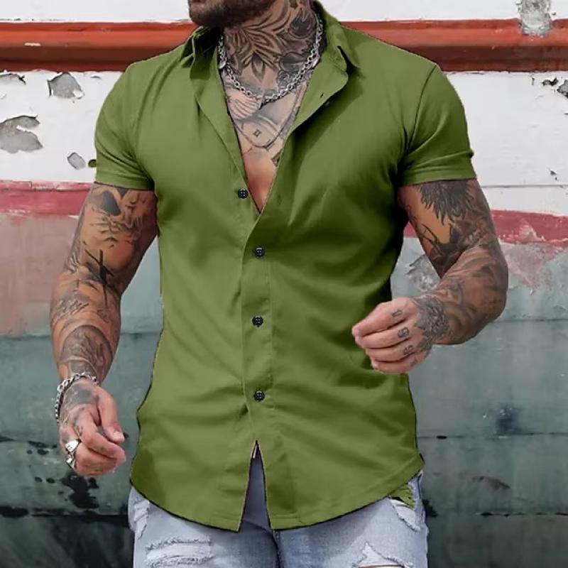 Men's slim fit short sleeve button shirt with pointed collar and curved hem