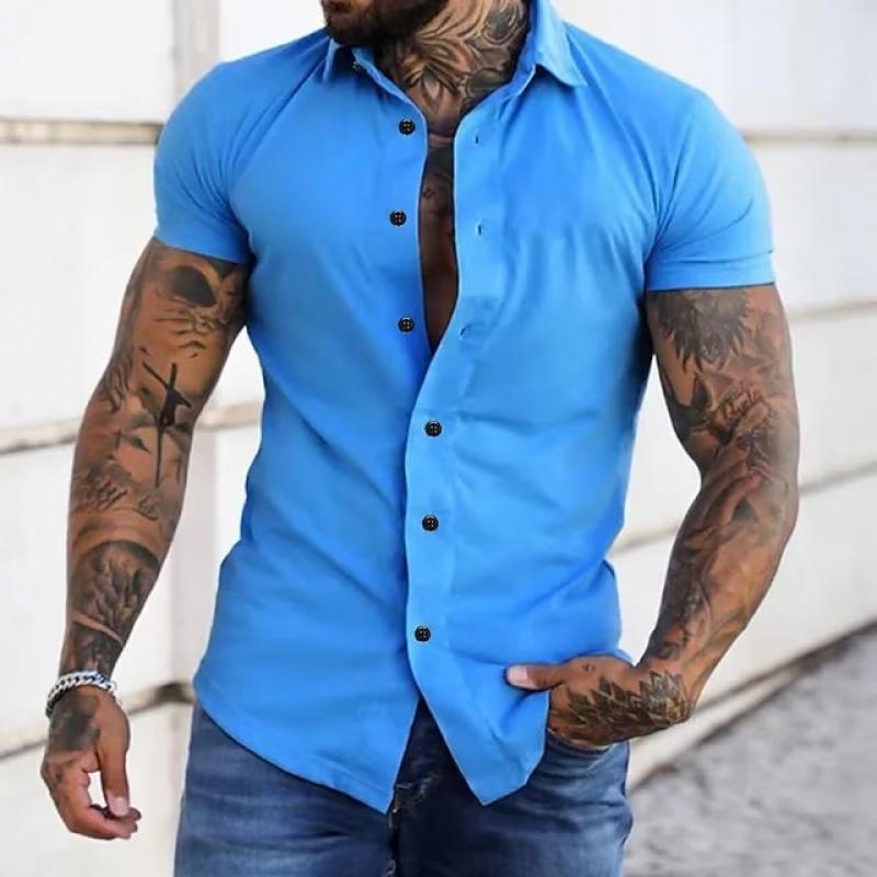 Men's slim fit short sleeve button shirt with pointed collar and curved hem