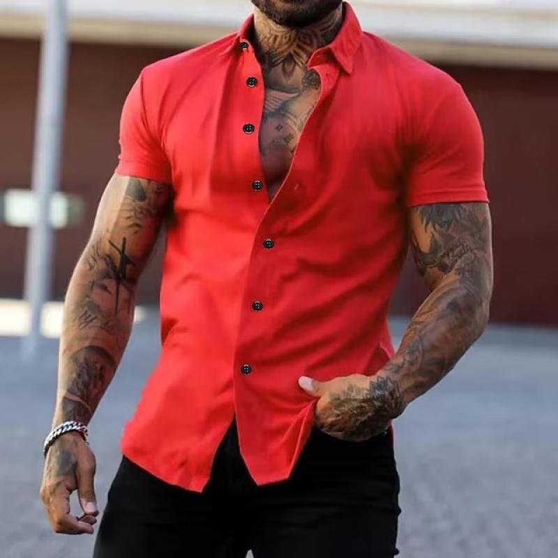 Men's slim fit short sleeve button shirt with pointed collar and curved hem