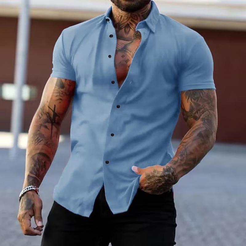 Men's slim fit short sleeve button shirt with pointed collar and curved hem
