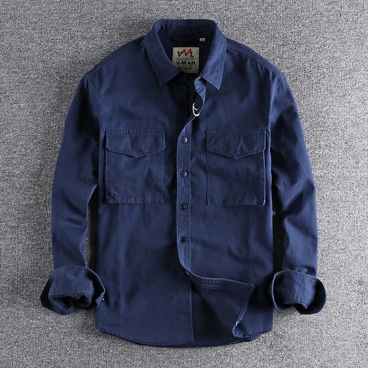 Men's long-sleeve utility shirt with collared neckline and two chest pockets