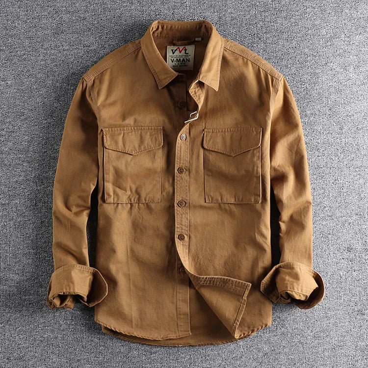Men's long-sleeve utility shirt with collared neckline and two chest pockets
