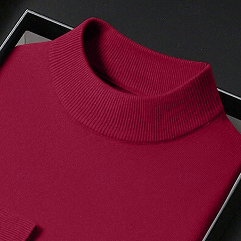 Men's plain knitted mock neck jumper with long sleeves and ribbed trims