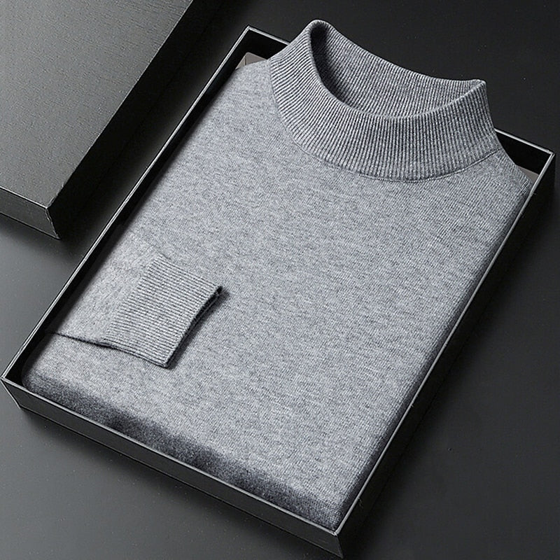 Men's plain knitted mock neck jumper with long sleeves and ribbed trims