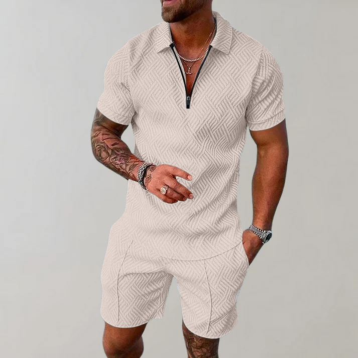 Men's textured polo shirt and shorts set with geometric pattern