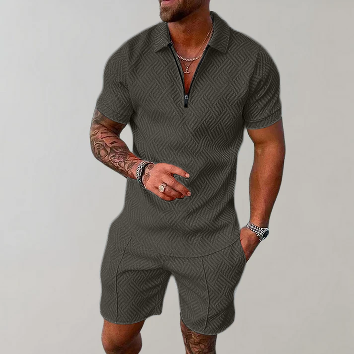 Men's textured polo shirt and shorts set with geometric pattern