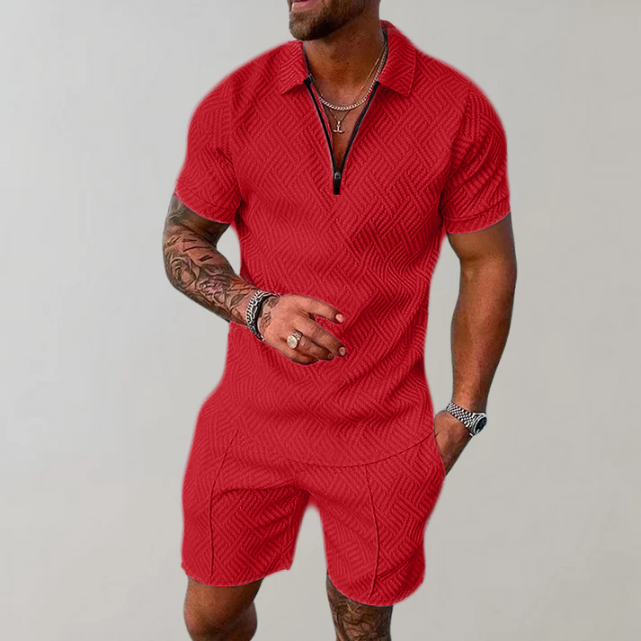 Men's textured polo shirt and shorts set with geometric pattern