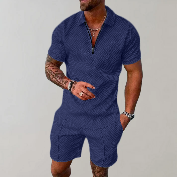 Men's textured polo shirt and shorts set with geometric pattern