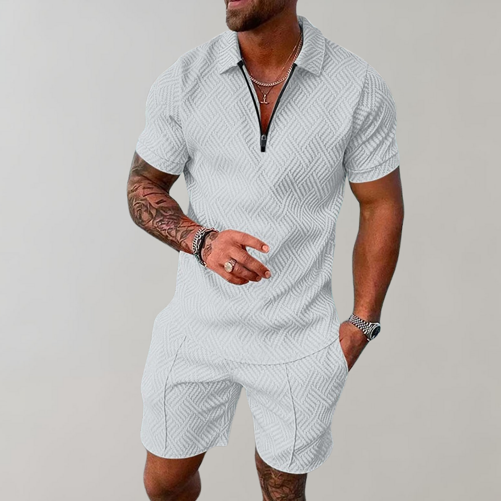 Men's textured polo shirt and shorts set with geometric pattern