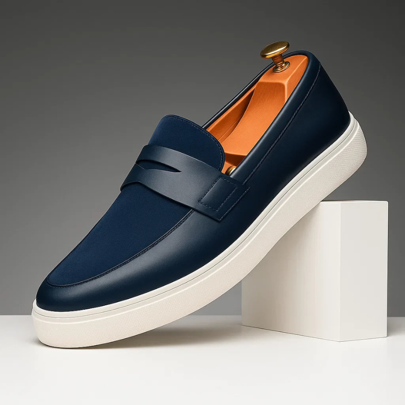 Men's plain penny loafers with almond toes, strap detail and flat soles