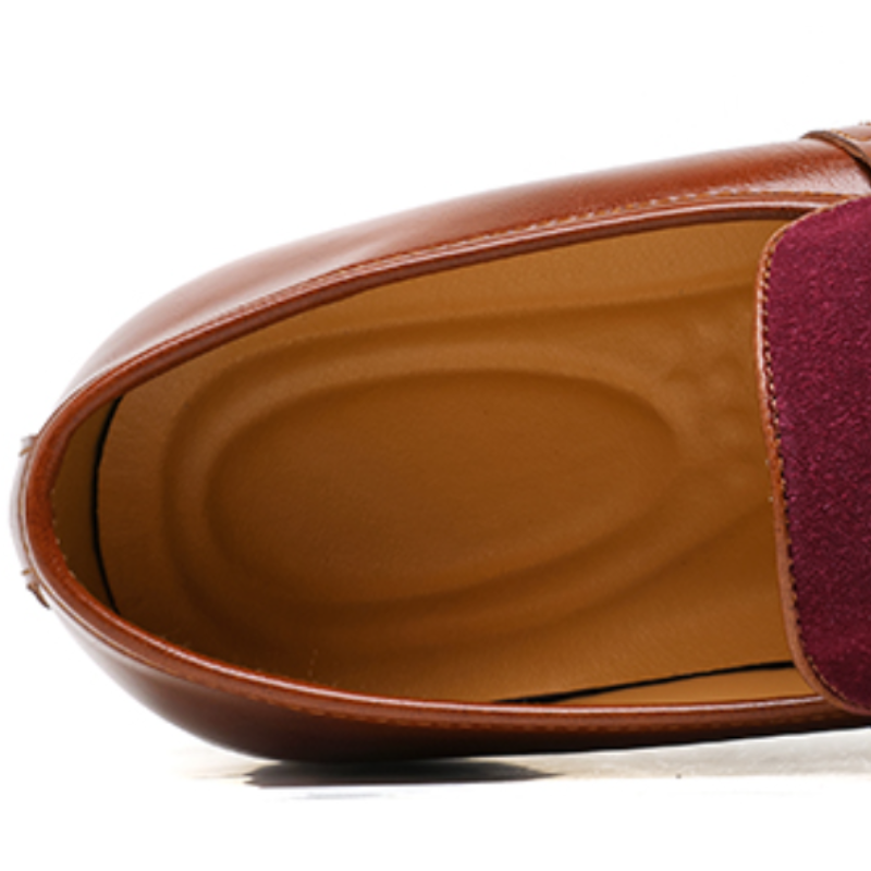 Men's plain penny loafers with almond toes, strap detail and flat soles