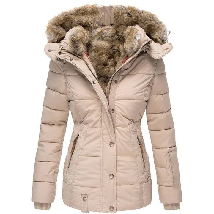 Women's quilted hooded jacket with fur-trimmed hood and long sleeves