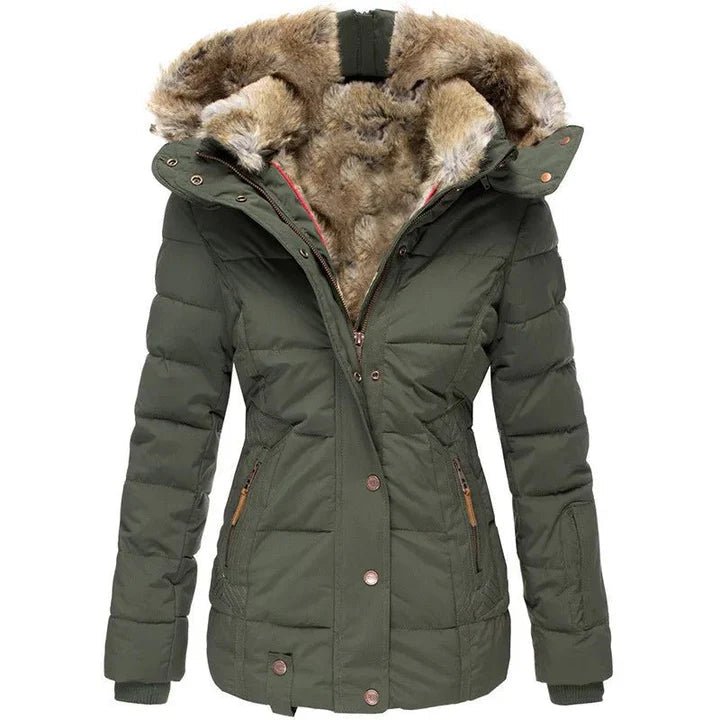 Women's quilted hooded jacket with fur-trimmed hood and long sleeves