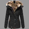 Women's quilted hooded jacket with fur-trimmed hood and long sleeves