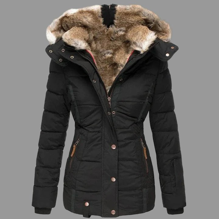 Women's quilted hooded jacket with fur-trimmed hood and long sleeves