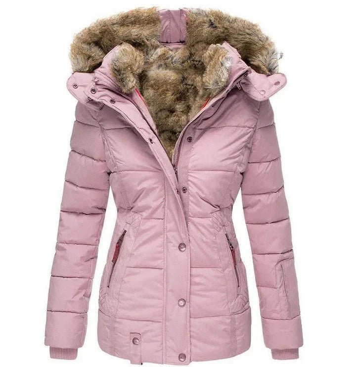 Women's quilted hooded jacket with fur-trimmed hood and long sleeves