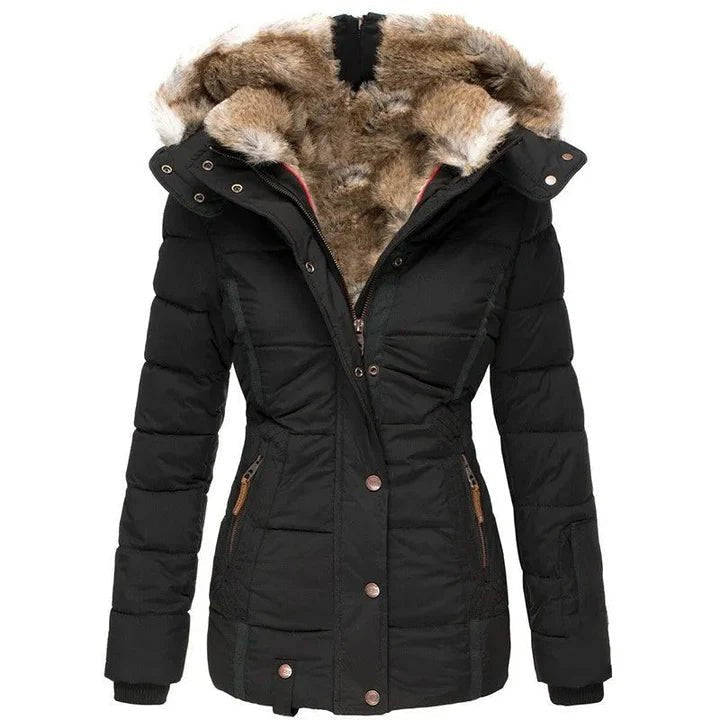 Women's quilted hooded jacket with fur-trimmed hood and long sleeves