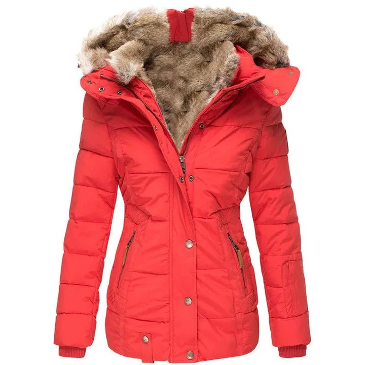 Women's quilted hooded jacket with fur-trimmed hood and long sleeves