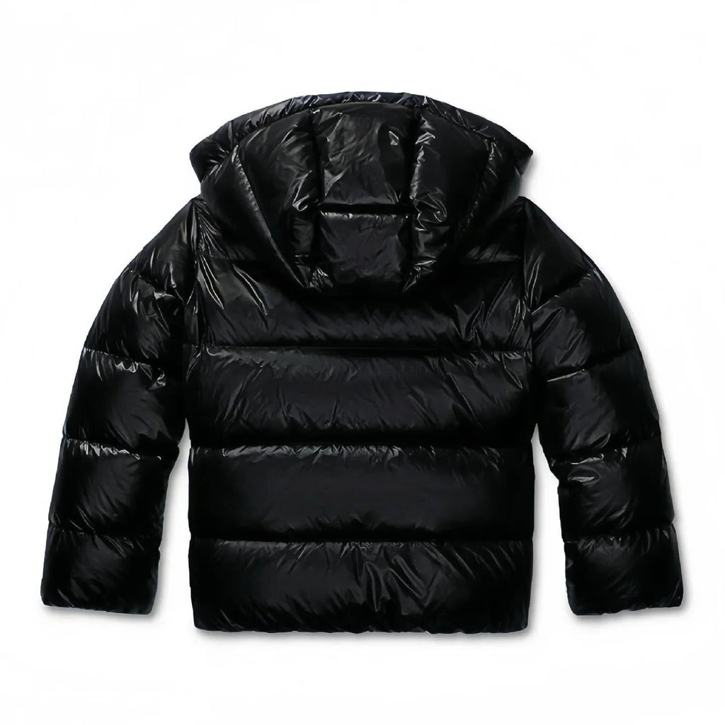 Women's quilted hooded puffer jacket shown in navy and black with long sleeves and front pockets