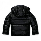 Women's quilted hooded puffer jacket shown in navy and black with long sleeves and front pockets