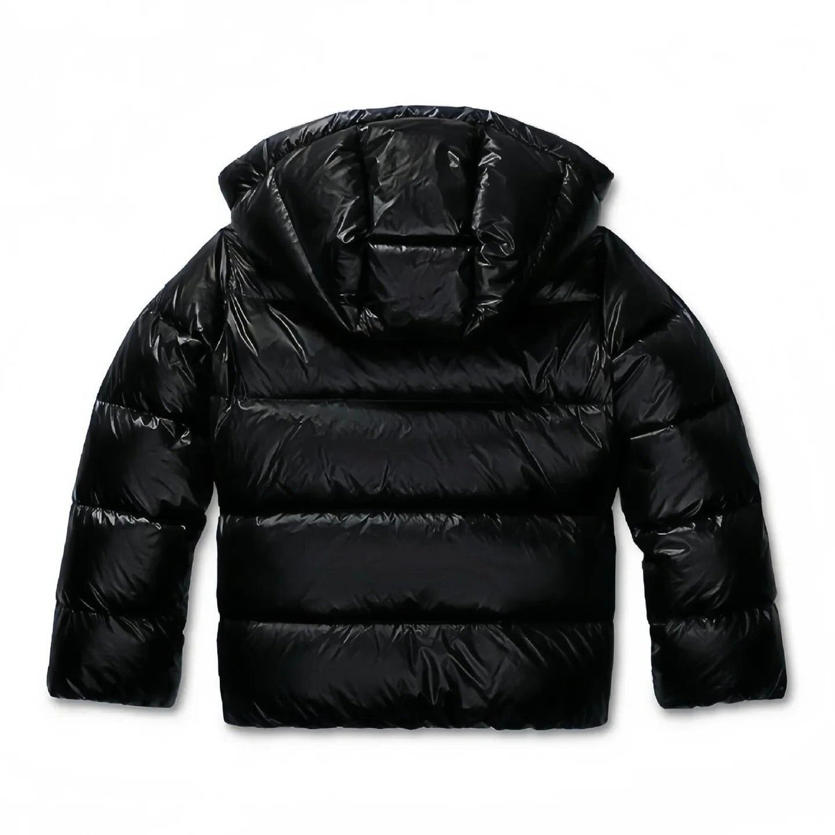 Women's quilted hooded puffer jacket shown in navy and black with long sleeves and front pockets
