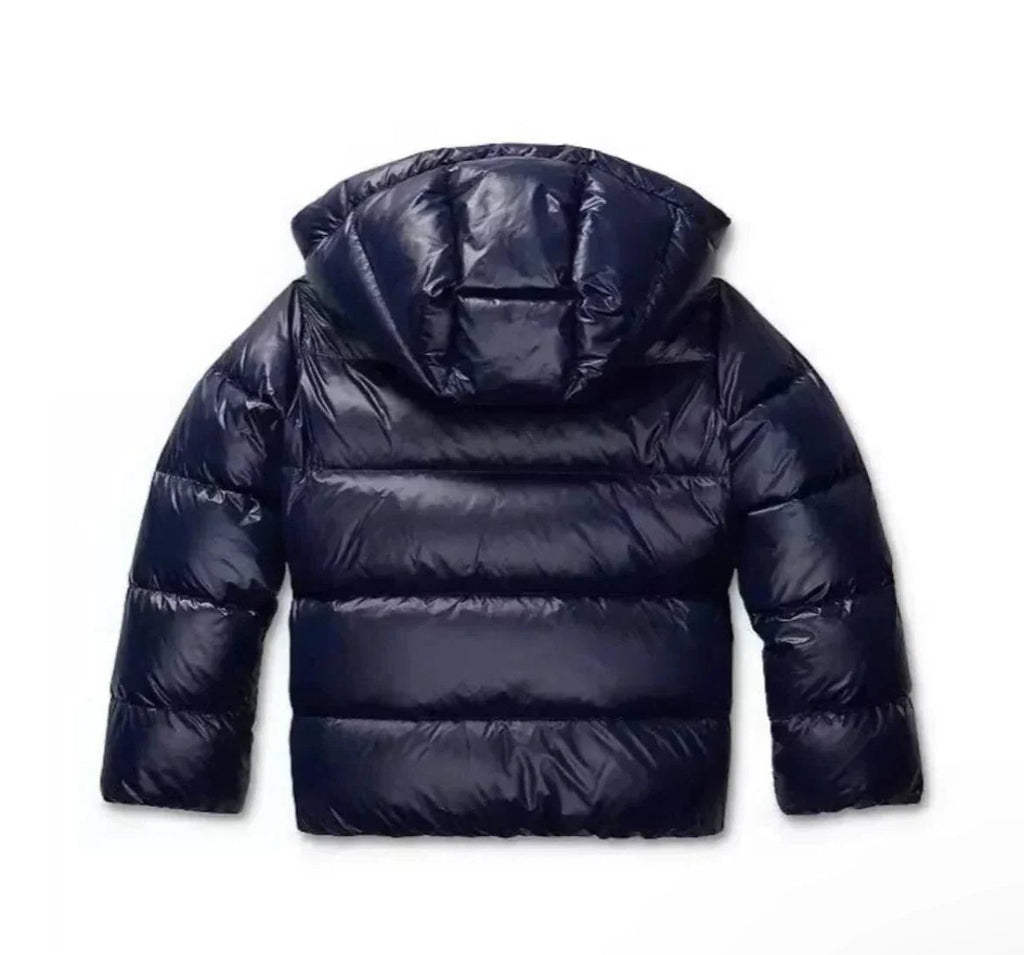 Women's quilted hooded puffer jacket shown in navy and black with long sleeves and front pockets