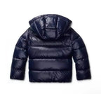 Women's quilted hooded puffer jacket shown in navy and black with long sleeves and front pockets