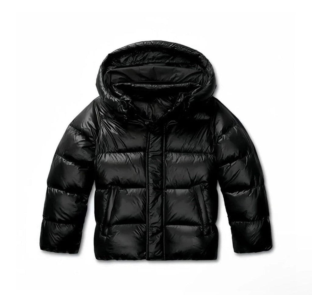 Women's quilted hooded puffer jacket shown in navy and black with long sleeves and front pockets