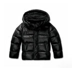 Women's quilted hooded puffer jacket shown in navy and black with long sleeves and front pockets