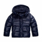 Women's quilted hooded puffer jacket shown in navy and black with long sleeves and front pockets