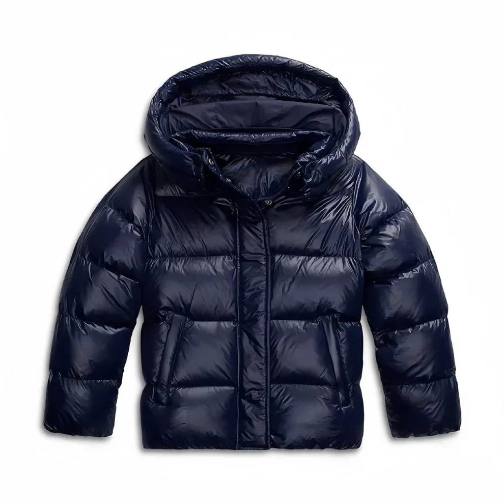 Women's quilted hooded puffer jacket shown in navy and black with long sleeves and front pockets