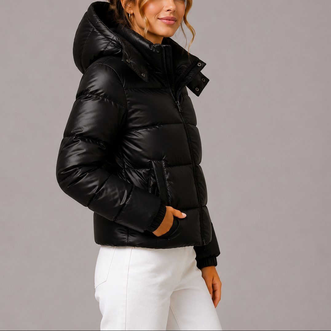 Women's quilted hooded puffer jacket shown in navy and black with long sleeves and front pockets