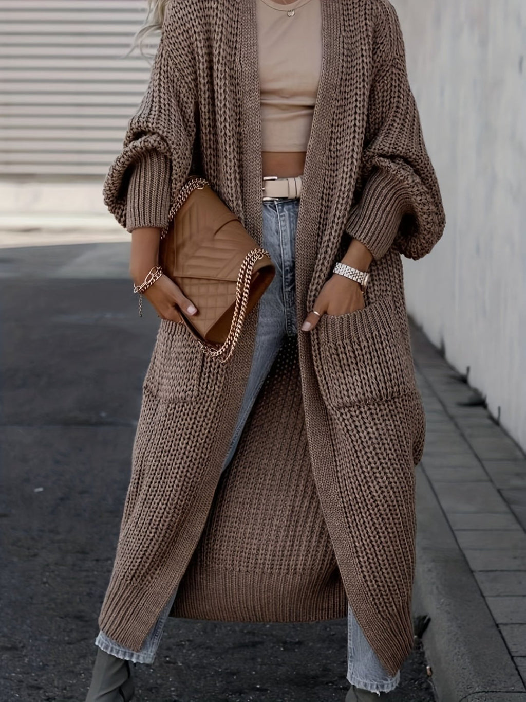 Women's long textured open front cardigan with balloon sleeves and front pockets