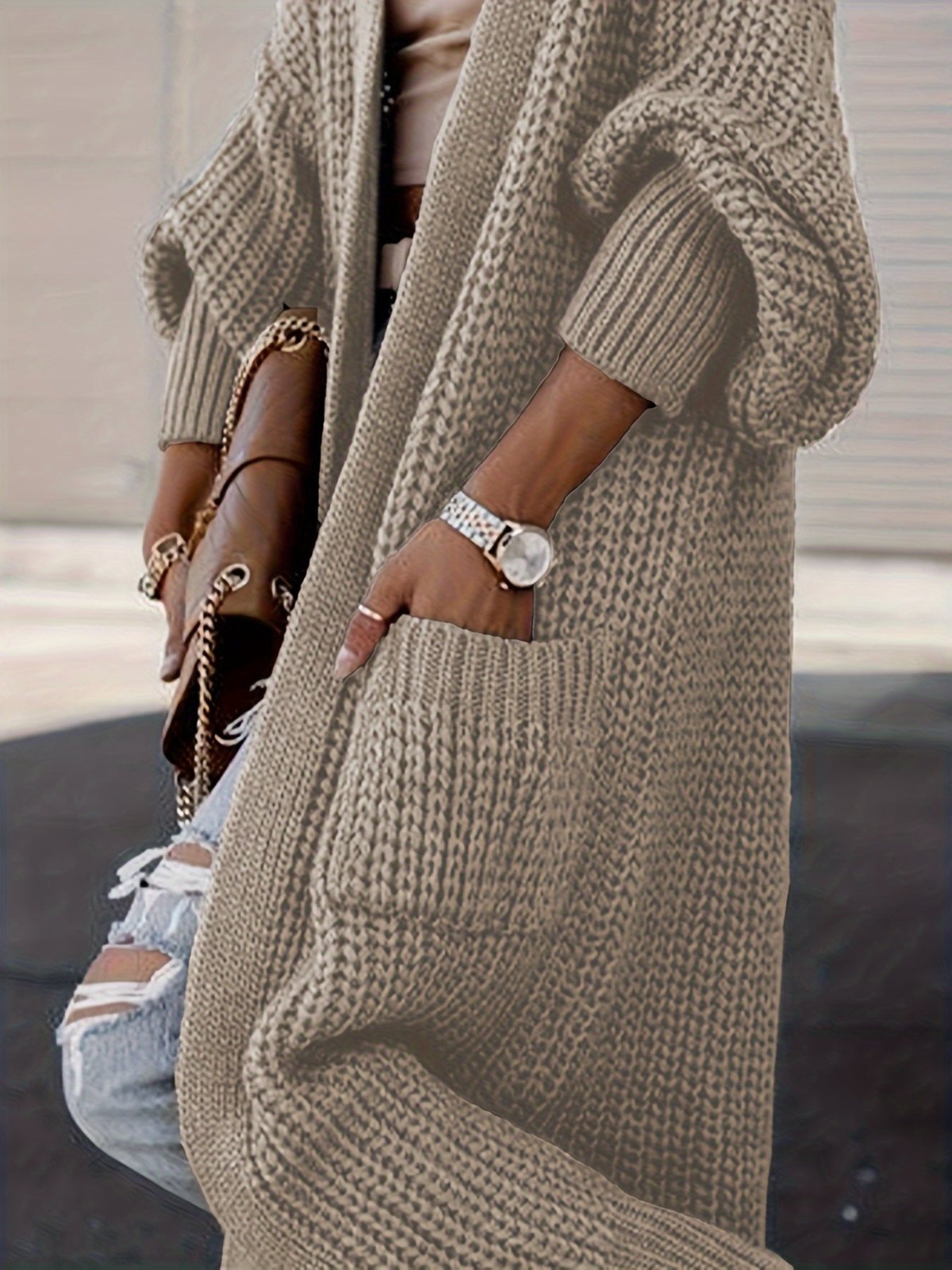 Women's long textured open front cardigan with balloon sleeves and front pockets