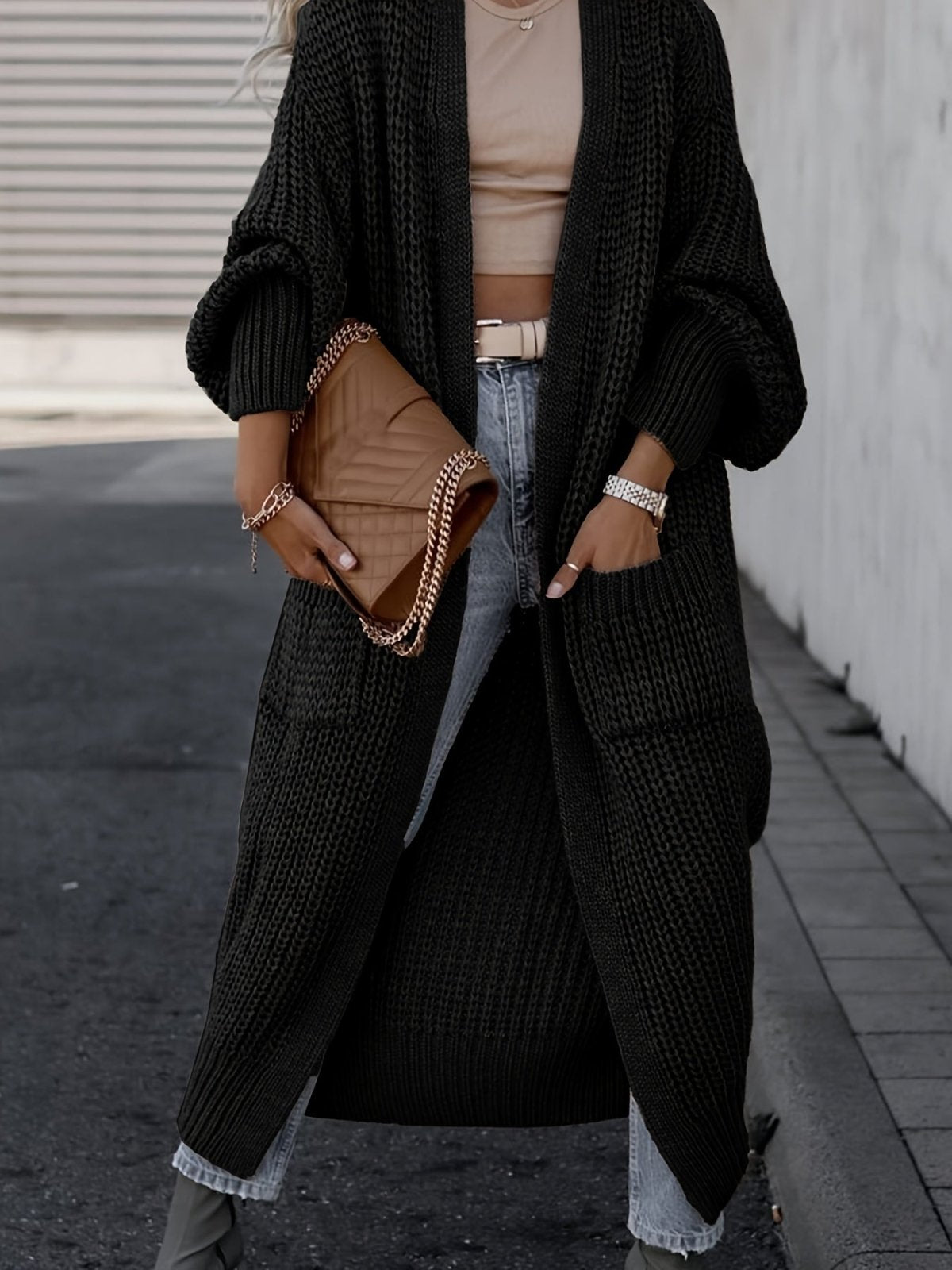 Women's long textured open front cardigan with balloon sleeves and front pockets