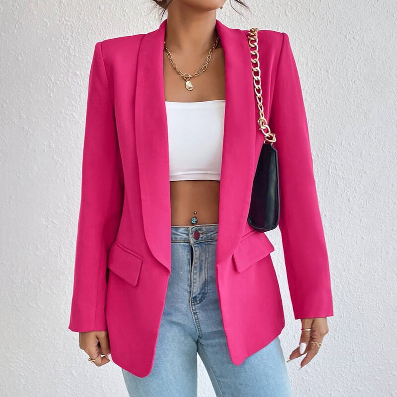 Women's open front long sleeve blazer with notched lapels and flap pockets