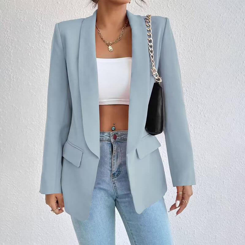 Women's open front long sleeve blazer with notched lapels and flap pockets