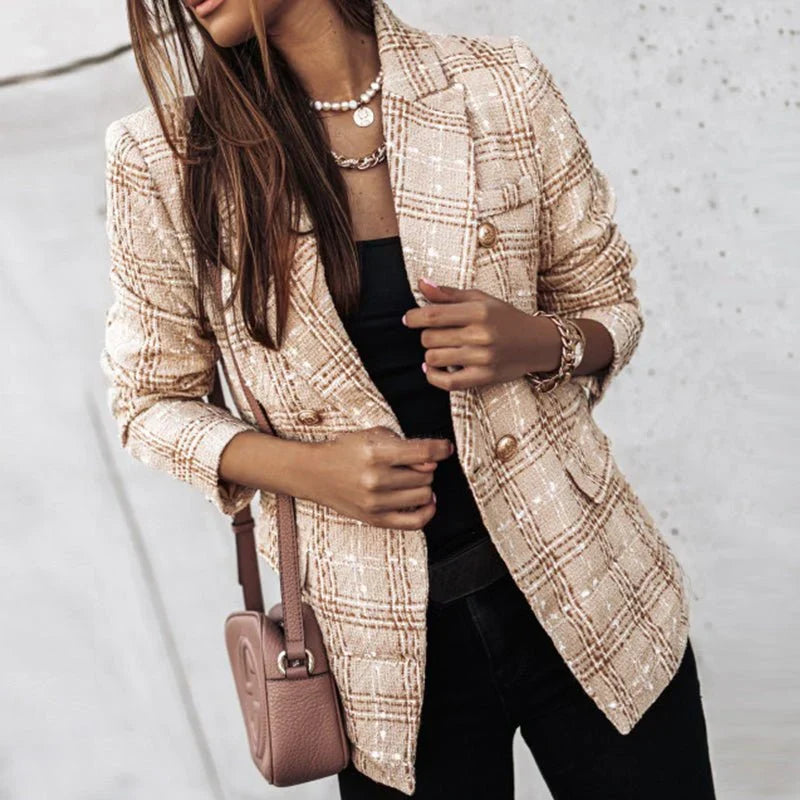 Women's long-sleeved checked blazer with button front