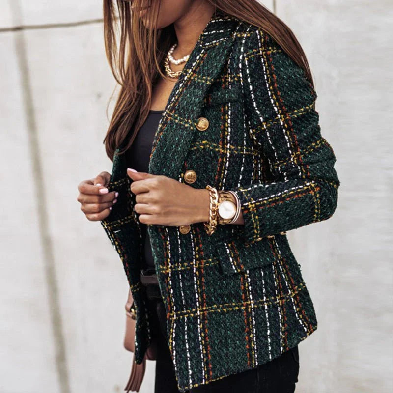 Women's long-sleeved checked blazer with button front