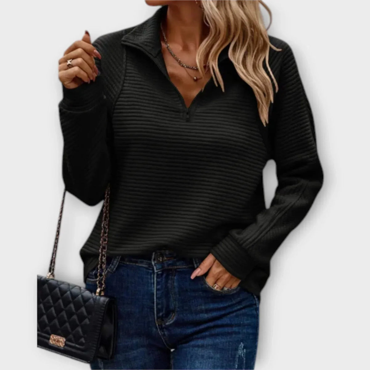 Women's ribbed half-zip pullover with mock neck and long sleeves