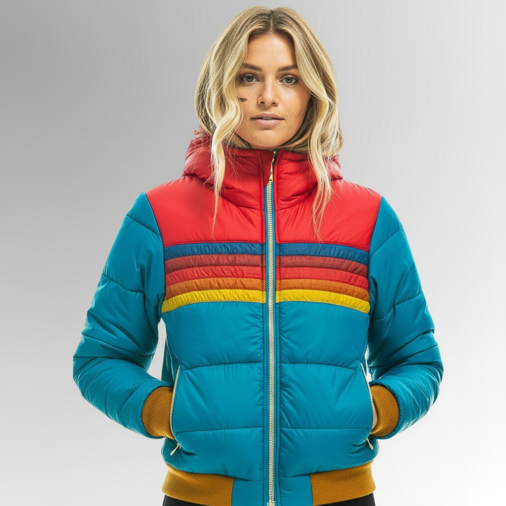 Women's hooded puffer jacket with multicoloured striped panels and zipped pockets