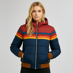 Women's hooded puffer jacket with multicoloured striped panels and zipped pockets